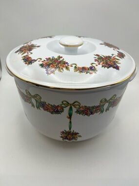 White Floral Gold-Trim Covered Serving Bowl
